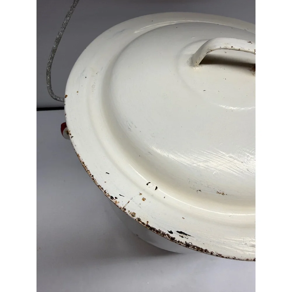 Vintage White Enamelware Lidded Pot Red Trim Wooden Handle Farmhouse Bucket